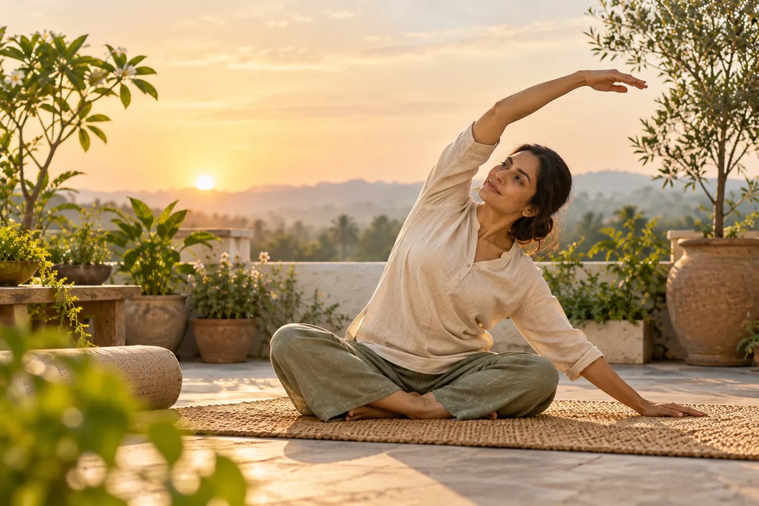 A woman in a gentle seated stretch on a terrace at sunrise
